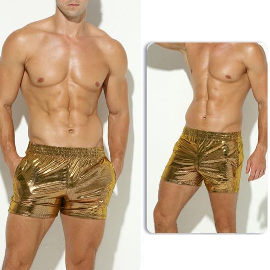 Men Shorts Glossy Faux Leather Elastic Mid Waist Soft Breathable Pockets Stretchy Stage Show Performances Sports Summer Shorts
