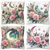 Whimsical Ramadan Night Throw Pillowcase Crescent Moon, Roses & Lanterns, Elegant Islamic Home Accent Cotton Linen Cushion Cover