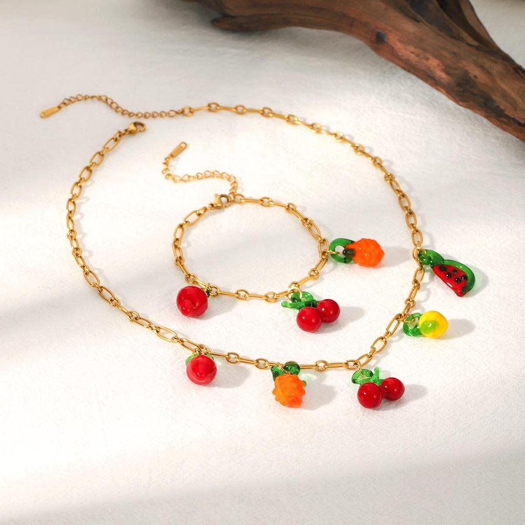 18K Vergoldete Edelstahlkette mit Fruchtanhänger und Titanstahlarmband für Damen