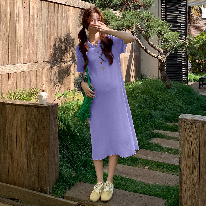 2026 Colorful Button Knit Maternity Polo Collar Nursing Skirt Purple