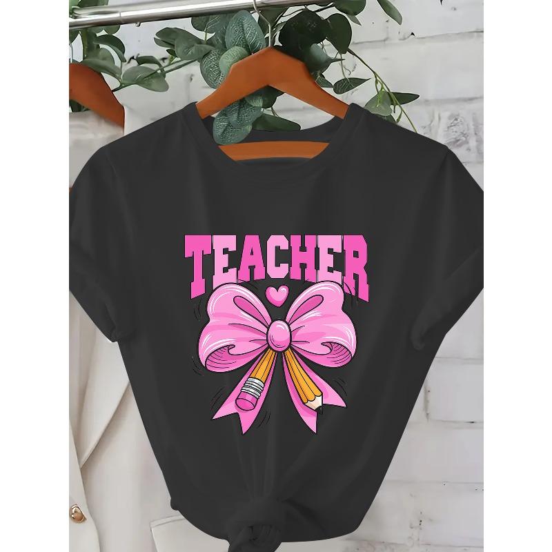 [Teacher T-Shirt] Women's Teacher Graphic T-Shirt - Pink Bow & Letters Print Casual Educator Top, Non-Stretch Fabric Everyday Event Apparel
