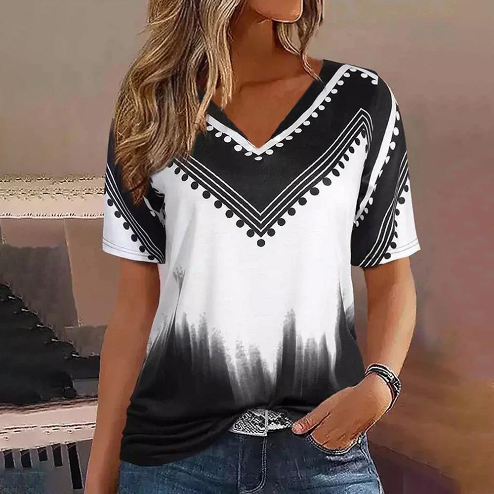 Summer V-neck 3D Feather Printed Top Extremely Simple Style Fashionable Casual Short Sleeved Women's T-shirts