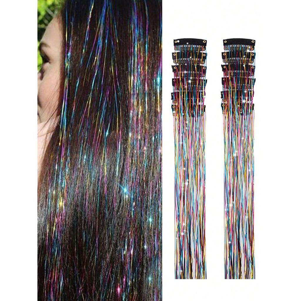 12pcs Colorful Shiny Synthetic Sparkling Tinsel Hair Extensions for Women Braiding Tools BB Clip Wig Concert Hair Accessories