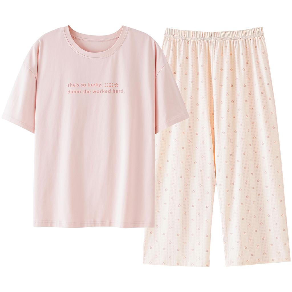 Short-sleeved Cropped Pants Pajamas Women's Spring and Summer New Pure Cotton Summer Thin Large-size Loungewear Suit