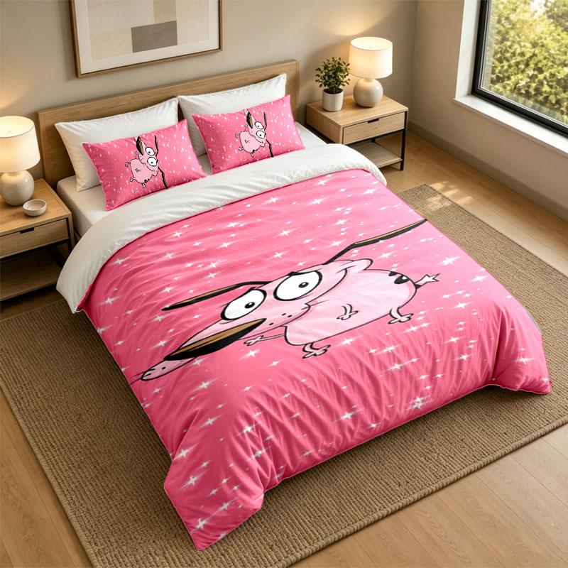 3Pcs Bedding SetCourage the Cowardly Dog Soft Bed Sheet and Two Pillowcases Home Bedroom Decor