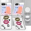 Fashion Kiss Lips Pattern Case For Samsung Galaxy Z FlIP 7 FE 6 5 Plating PC+PU Leather Hybrid Folding Cover For Samsung Z Flip7 Flip6 Flip5