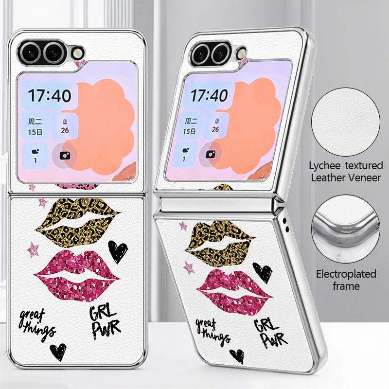 Fashion Kiss Lips Pattern Case For Samsung Galaxy Z FlIP 7 FE 6 5 Plating PC+PU Leather Hybrid Folding Cover For Samsung Z Flip7 Flip6 Flip5