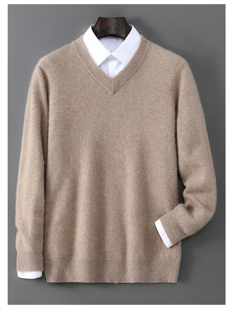 Men's 100% Wool V-neck Loose Fit Plain Pullover Sweater for Autumn/Winter.