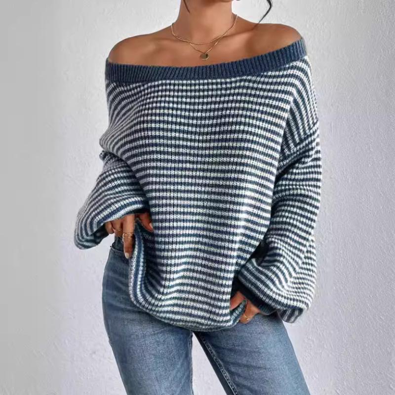 

Women s Off Shoulder Striped Knit Sweater Loose Casual Long Sleeve Pullover Top S синій