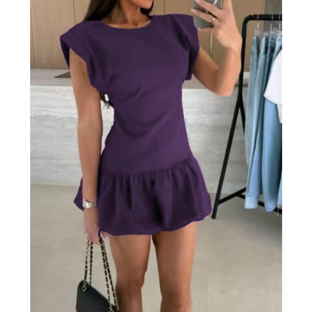 

Summer New Women s Sleeveless Round Neck Ruffle Dress Fashion Casual Short Sleeve Dress for Women European American Cross-border Style XXL фіолетовий