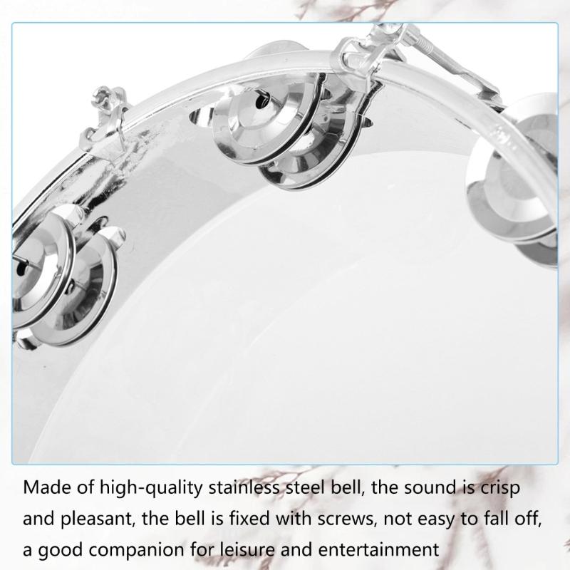 10Inch Double Row Tambourine Round Musical Tambourine Metal Bells Hand Held Percussion Drum with Ergonomic Handle Grip