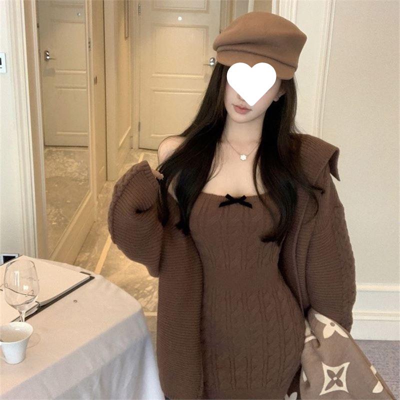 Женский свободный вязаный кардиган и платье-майка, комплект Осень-Зима Small