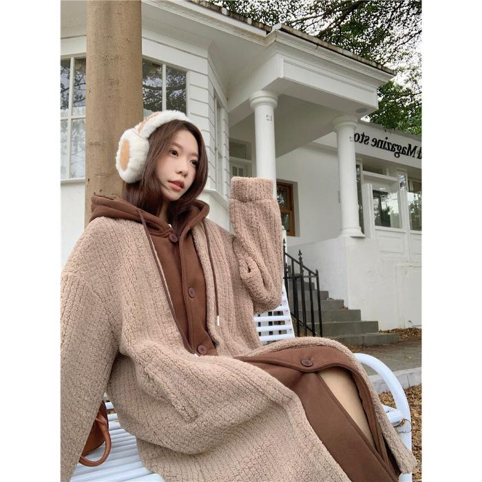 Women's Faux Two-Piece Hooded Lamb Wool Coat - Thick, Stylish Korean Winter Long Coat