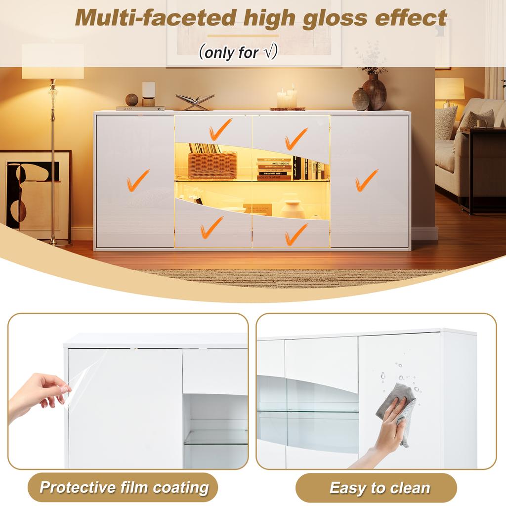 160×35×70cm Sideboard with RGB LED Lighting, White High Gloss, Display Cabinet 4 Doors (2 Safety Glass), Adjustable Shelves, 6 Storage Compartments
