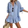 Spring and Autumn Women's V-neck Blue Temperament Loose Shirt Dress Short Dress
