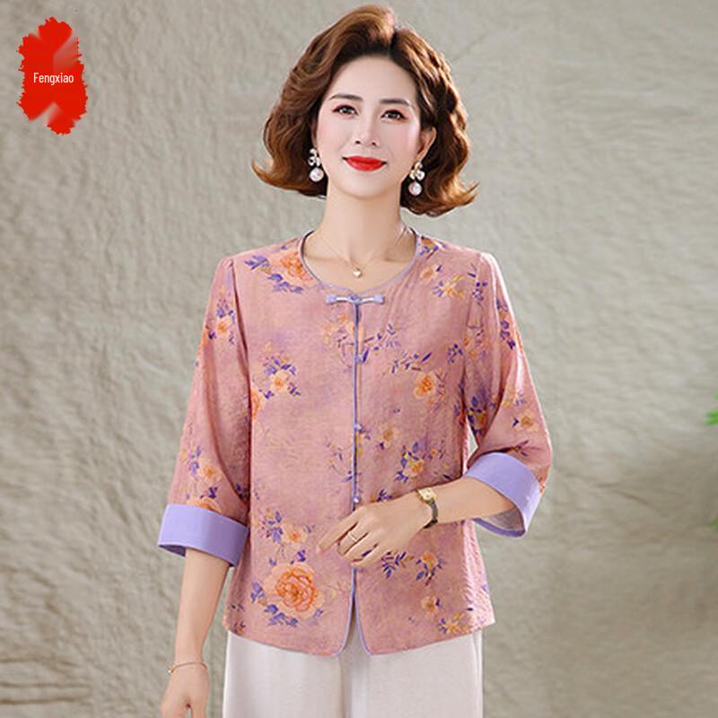 Chinese Style Floral Summer Top for Middle-Aged Women XL