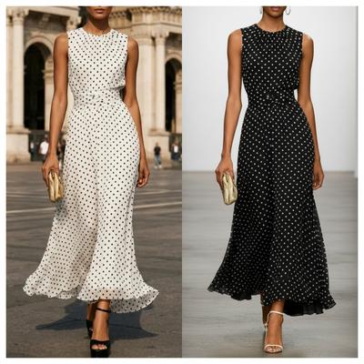 Damen Französisches Vintage Polka Dot Midi-Kleid, Ärmellos Rundhals Taillenband Schmal Geschnitten Elegant Fließendes Langes Kleid für Büro Hochzeit Party Pendeln