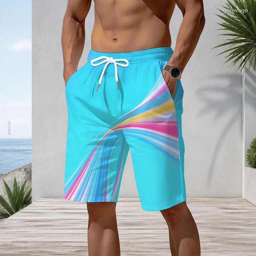 Men s Plus Size Cyan Multicolor Printed Beach Shorts Drawstring Waist Side Pockets Straight Leg