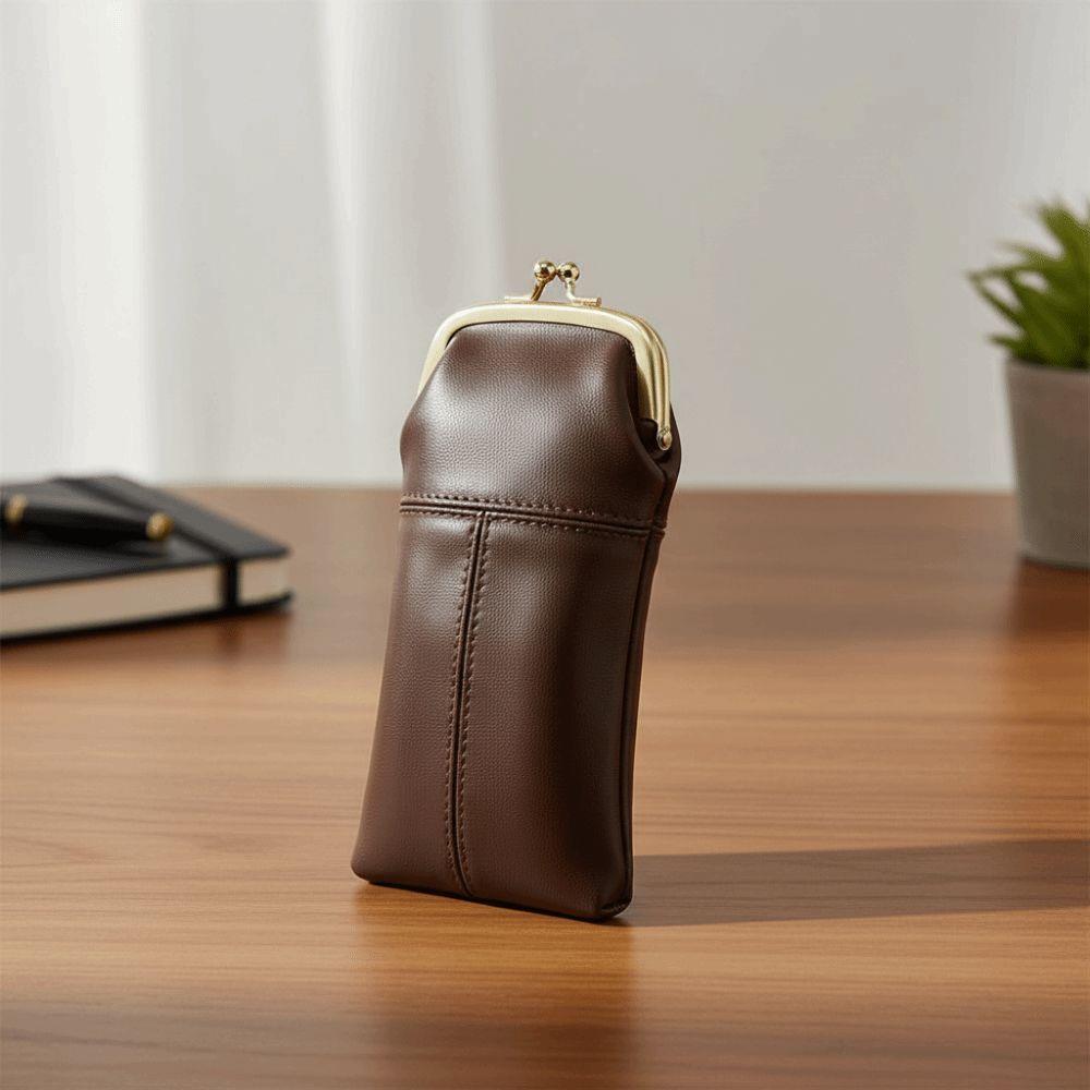 Multi-Functional Leather Kiss Lock Purse Secure Closure Vintage Sunglasses Pouch Daily