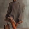 Autumn Winter Turtleneck Simple Sweater Dress Women Casual Patchwork Mini Dress Long Petal Sleeve Sweet Ladies Dress