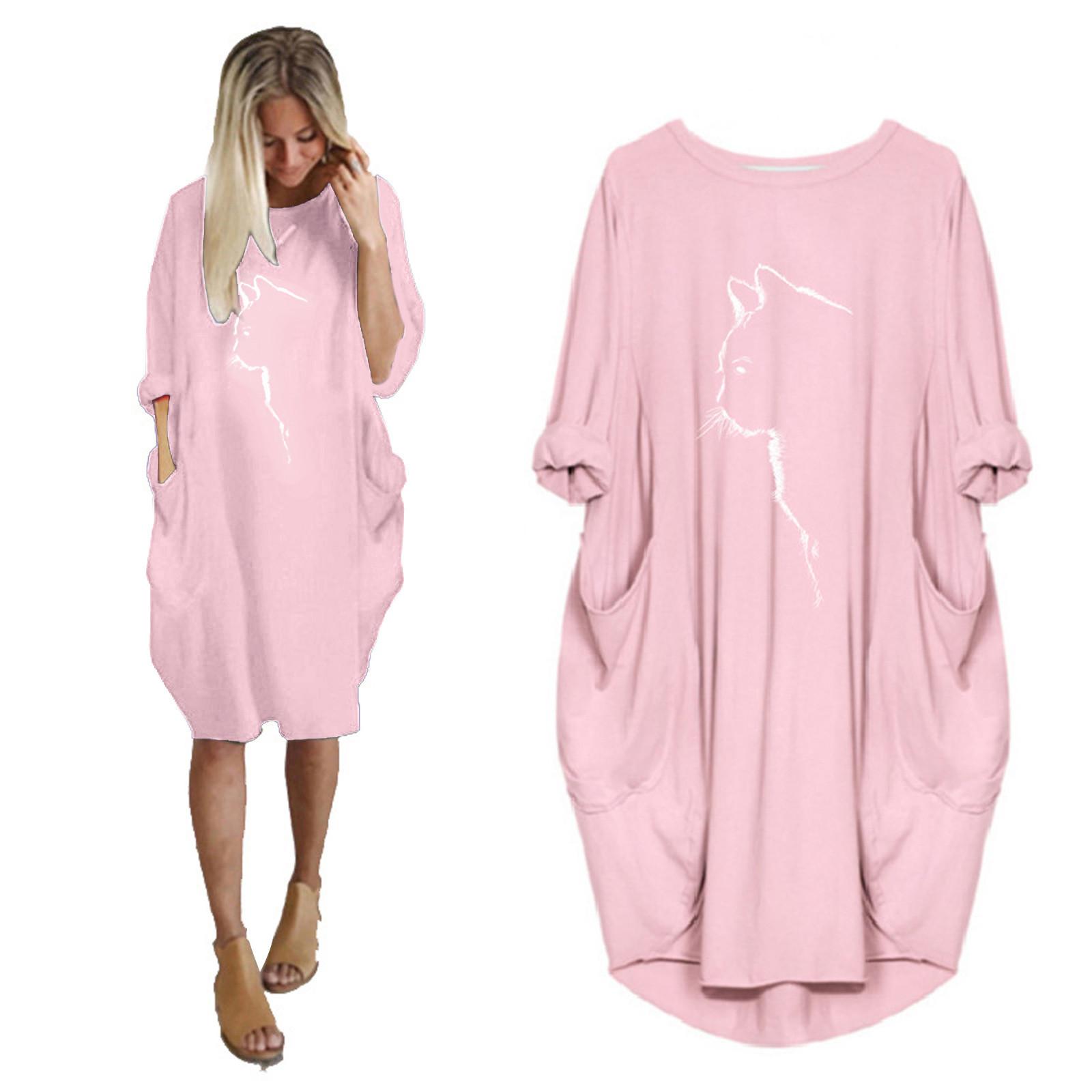 

Womens Jumper Oversized Cat Printed Short Sleeve Pocket Pullover Dress XL рожевий