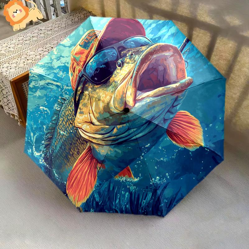 1 PC Automatic Folding Umbrella - Bass Fish Pattern, Portable & Foldable Design with 8 Ribs, Christmas Birthday Gifts