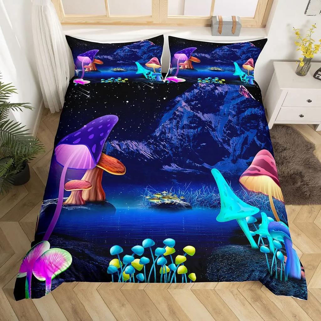 Mushroom Duvet Cover Set Cartoon Castle Bedding Set Microfiber Fungus Botanical Floral Comforter Cover Twin King For Boys Girls