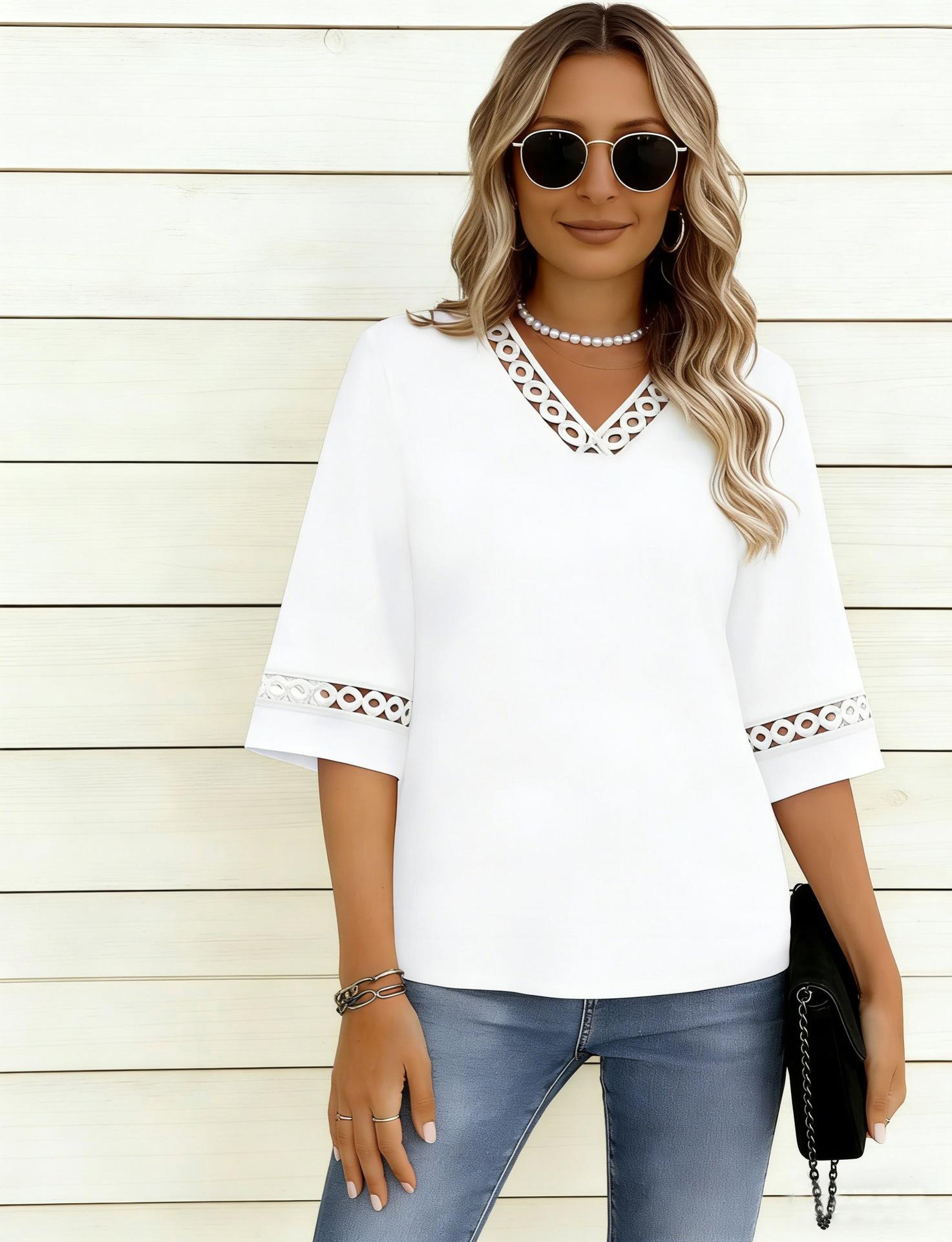 Women Solid Color V Neck Lace Splice Casual Mid Sleeve T Shirt Top S
