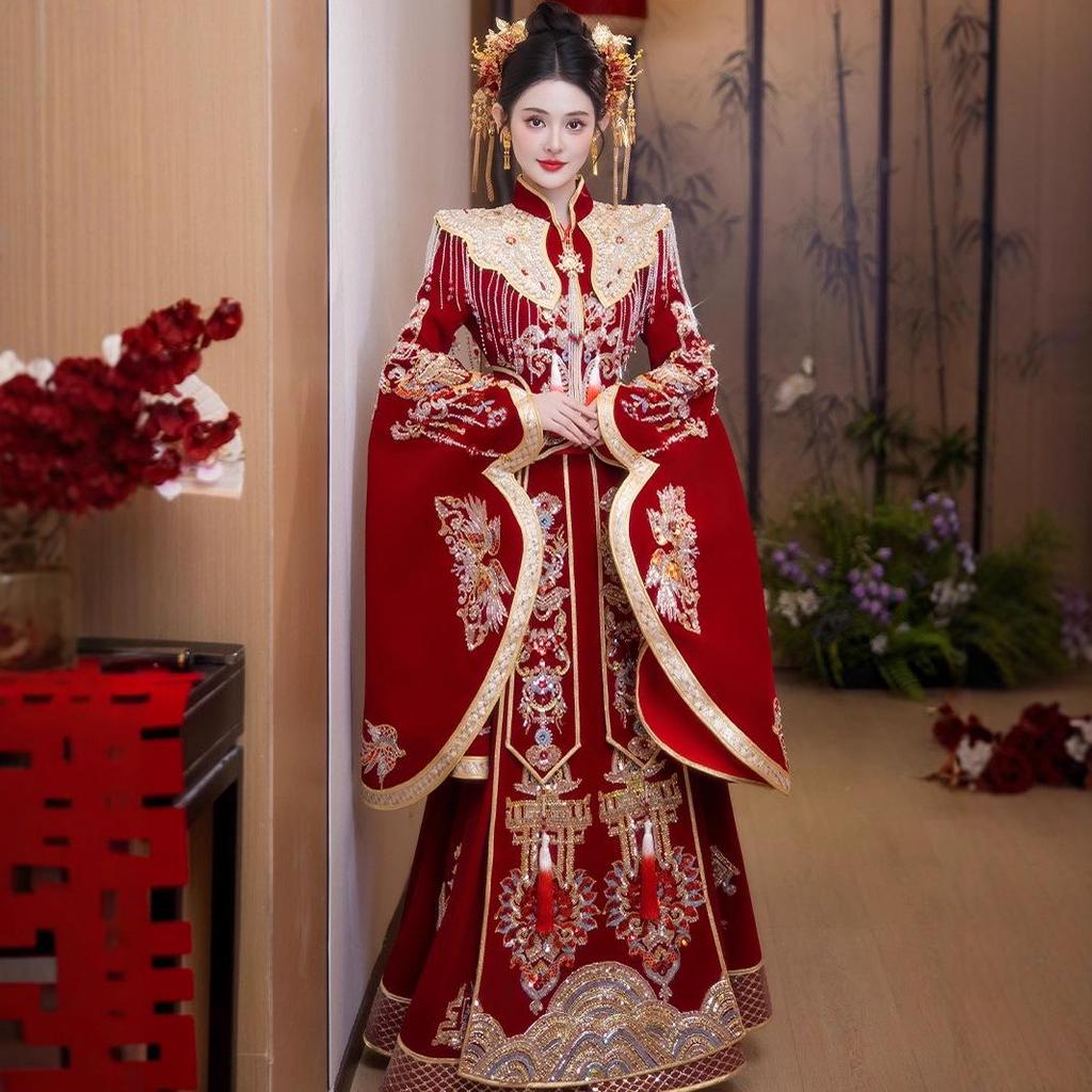 2025 Plus Size Xiuhe Dress with Phoenix Crown & Xiapei - Chinese Wedding Toasting Gown