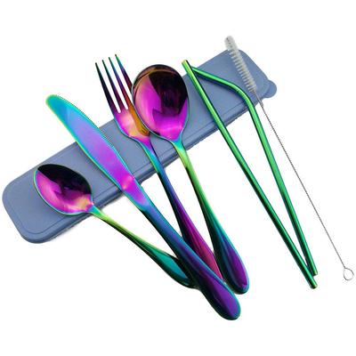 8 Pz/set Arcobaleno Set di Posate Set di Stoviglie Coltello in Acciaio Inox/Forchetta/Cucchiaino Cannucce con 1 Pennello 1 Scatola di Paglia di Metallo Riutilizzabile