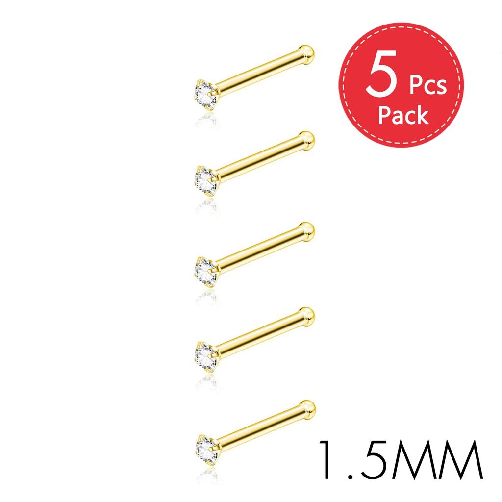 5Pcs CZ Gem Stainless Steel Nose Piercing Stud Crystal Nariz Body Jewelry S L Bone Shape Nostril Rings for Women Girl 20g 0.8mm
