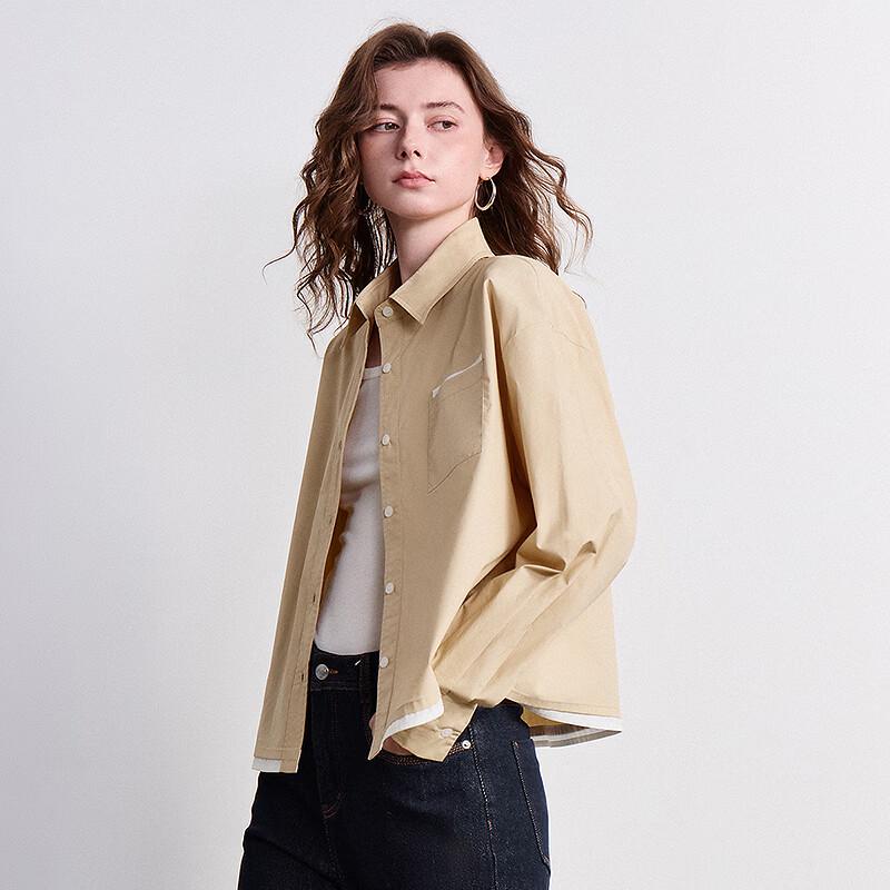 Chuyu Women's Color-Block Faux Two-Piece Cotton Shirt