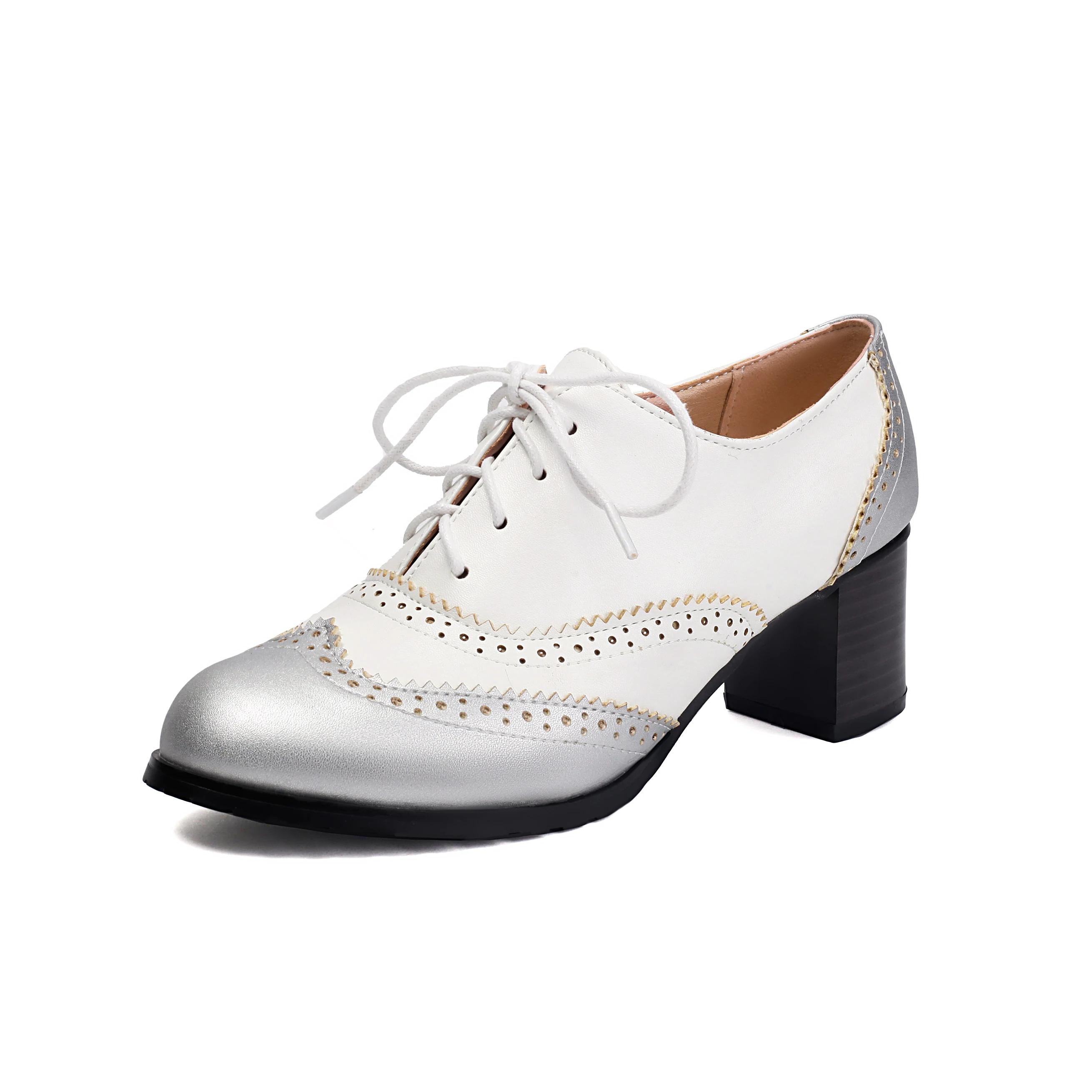 

Fashion 2025 New Pump Women Pumps Round Toe Height Heels Platform Brogue Student Carved Retro Lace-Up Classic Spring Silver Black Brown 40