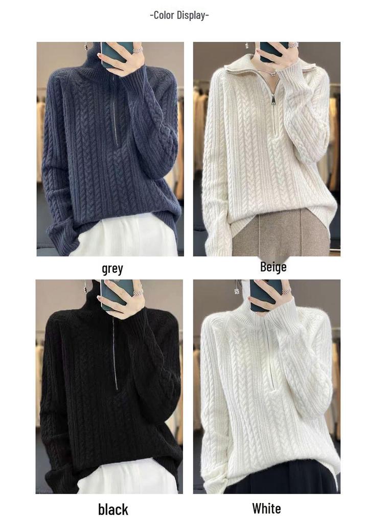 Women's High Neck Zipper Wool Pullover Sweater - Autumn Winter Loose Fit Base Layer