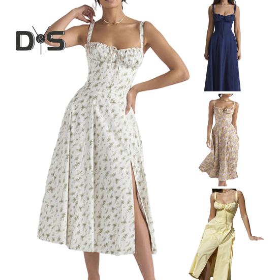 Damesjurk Laag uitgesneden rugloze mouw Bloemenprint Hoge strakke taille Hoge split Zomer Midi-jurk Feestgala Strandjurk