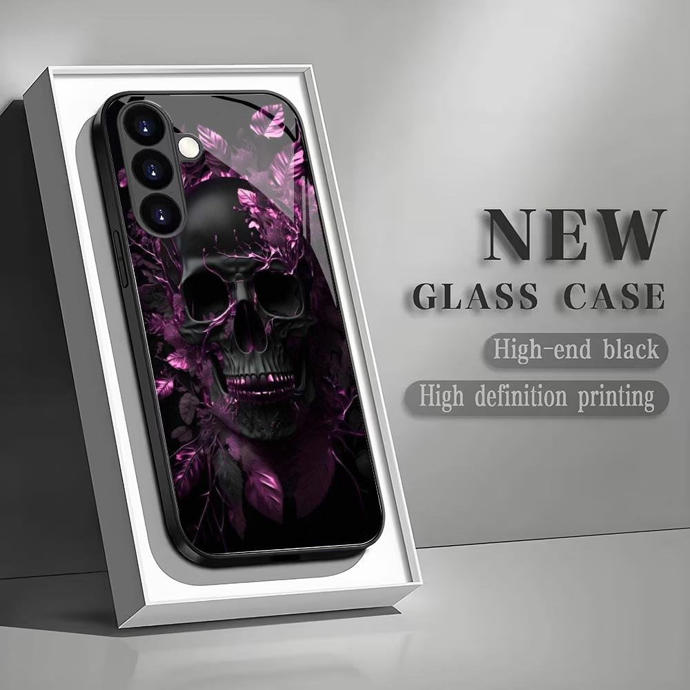 Purple Flower Skull Tempered Glass Phone Case Suitable for Samsung Galaxy S26 S25 S24 S23 S22 S20 FE/Ultra/Plus Anti Drop