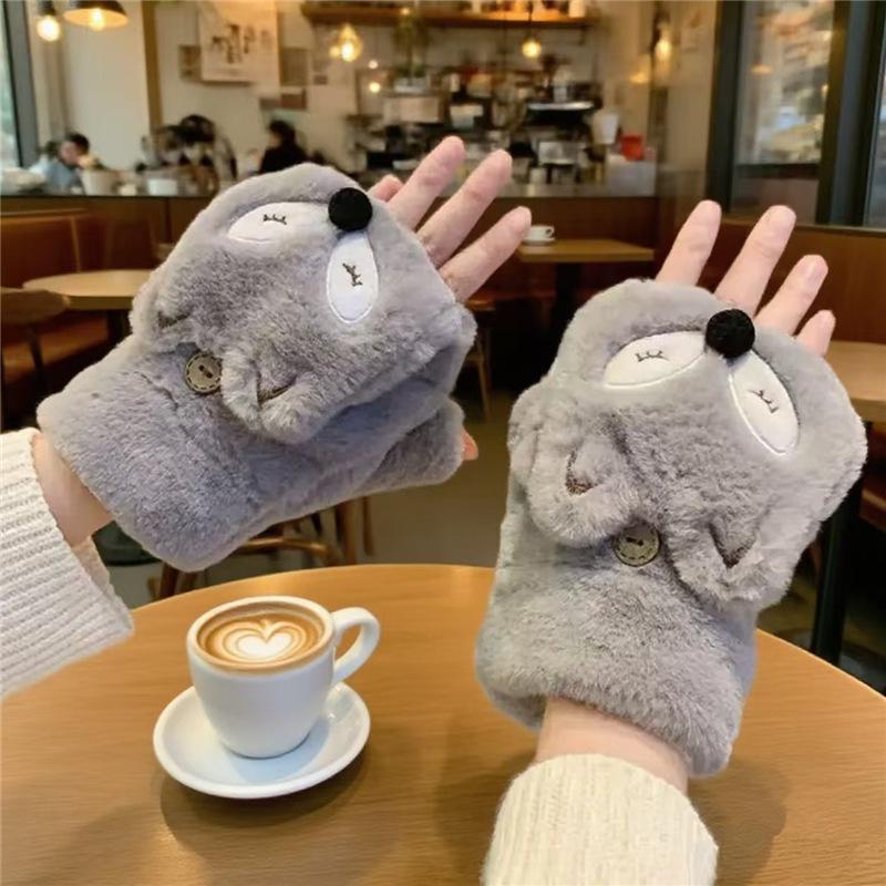 Cute Cartoon Bear and Cat Paw Plush Gloves for Girls - Warm, Thick Winter Riding Gloves with Neck Strap.