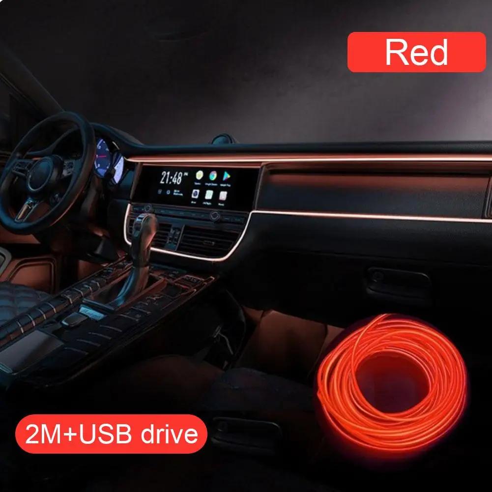 2m Car Interior Atmosphere Lighting LED Strip 5V DIY Line USB Light Cold Auto Lamp EL Tube Decoration Ambient Flexible With S9X1