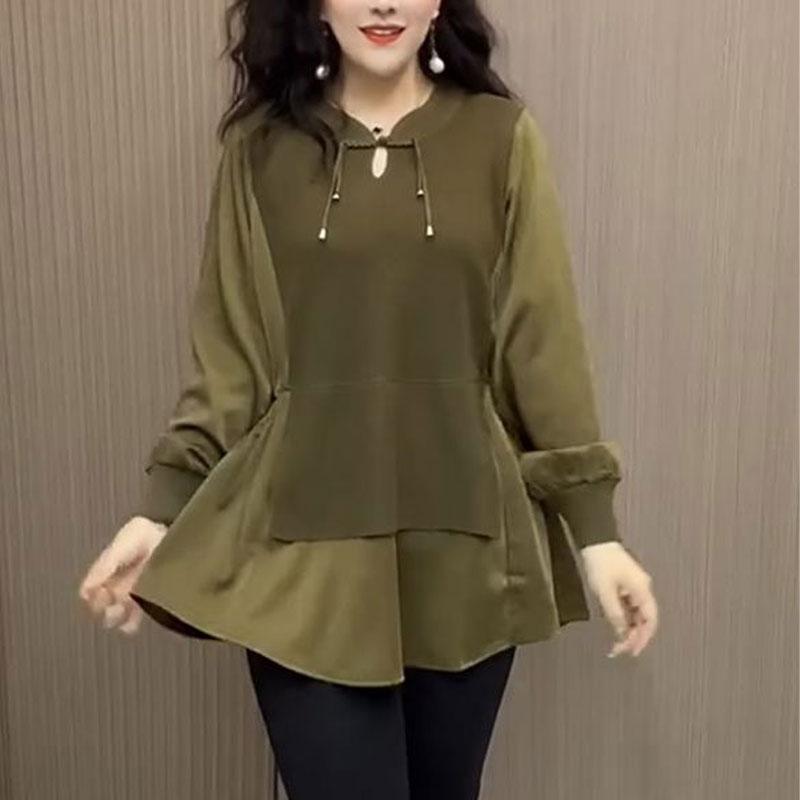 Fake Two Pieces Patchwork Loose Shirt Women's Clothing Casual V-Neck Spring Autumn Fashion Vintage Chinese Disc Buckle Blouse