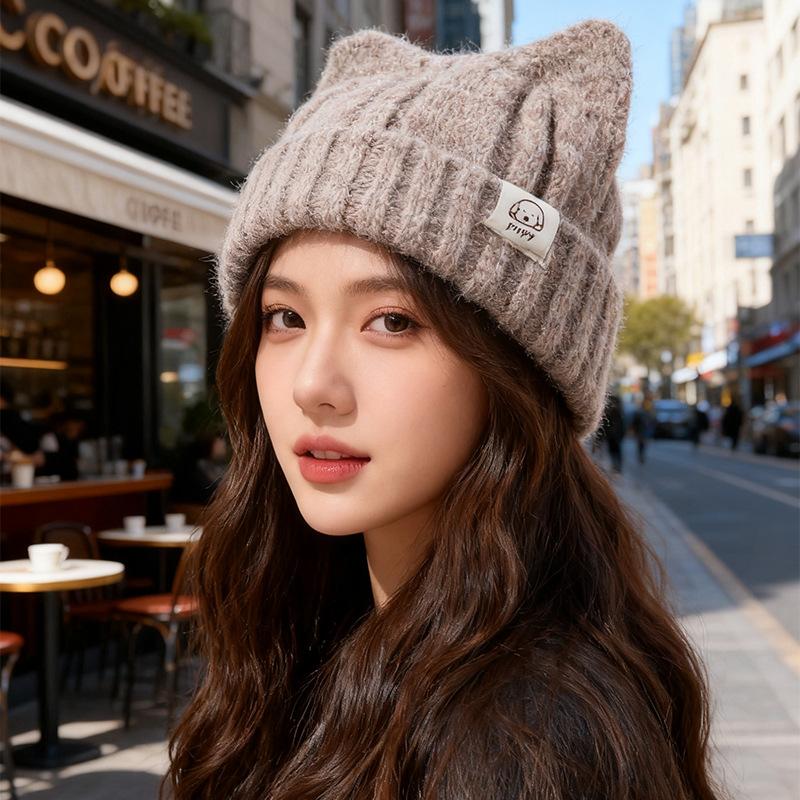 Korean Style Cat Ear Woolen Hat for Women Winter New Warm Ear Protection Knitted Hat Showing Face Little Cute Pullover Hat