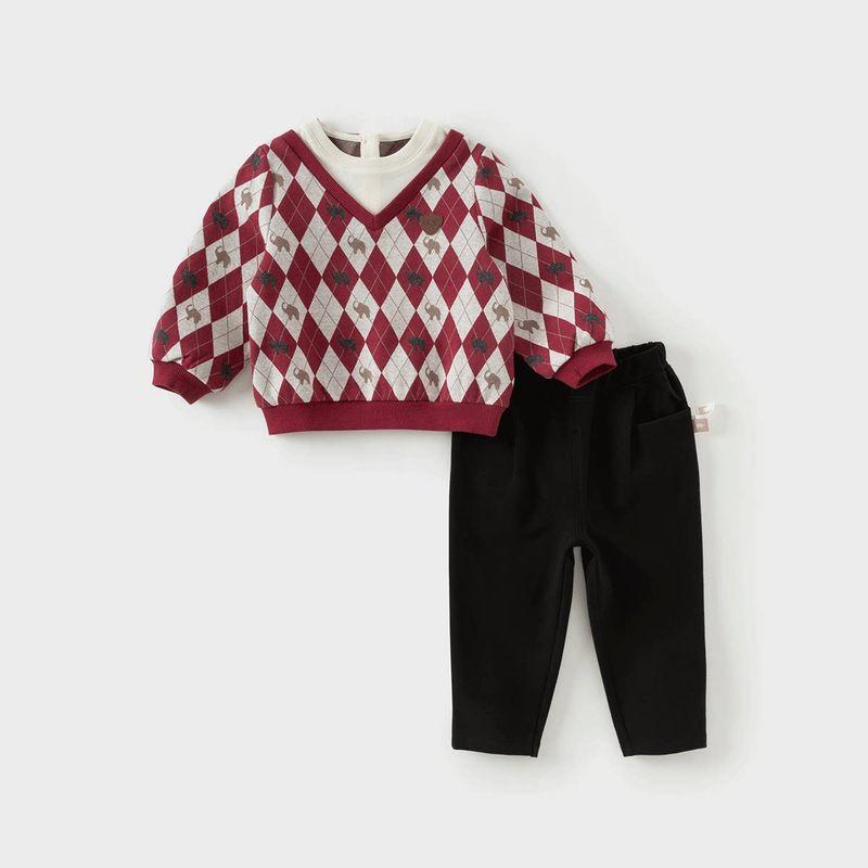 David Bella Long Pants Set 2026 Spring New Style Boys  Academy Style Faux Two-Piece Sweater Casual Pants Two-Piece Set Burgundy [Ready in Stock] 73