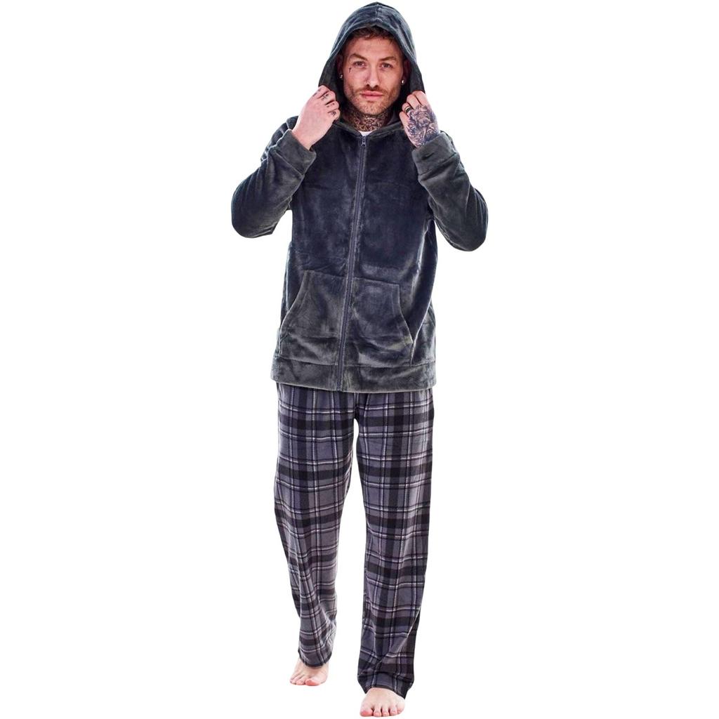 Keanu Mens Checked Microfleece Zipped Long Pyjama Set