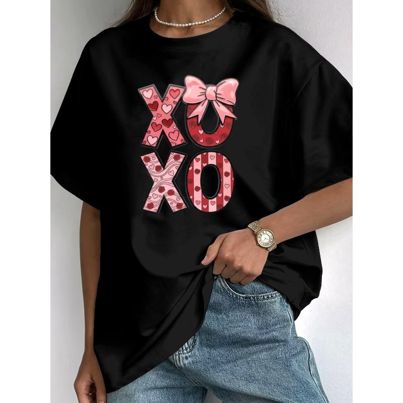 

European Size Women s Short Sleeve T-shirt, Five Colors. XOXO Valentine s Day Graphic Tee Women s Summer New Pink Bow and Hearts Print Top 4XL