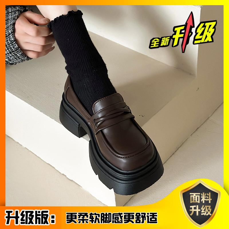 Platform loafers women's shoes 2026 new popular heightening women's shoes British style small leather shoes women's black single shoes