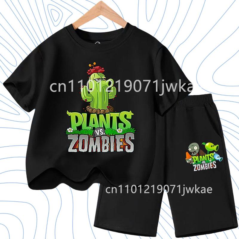Children's Plants Vs. Zombies Short-Sleeved T-Shirt Set Cotton Summer Fashion Comfortable Top+pants for Boys and Girls