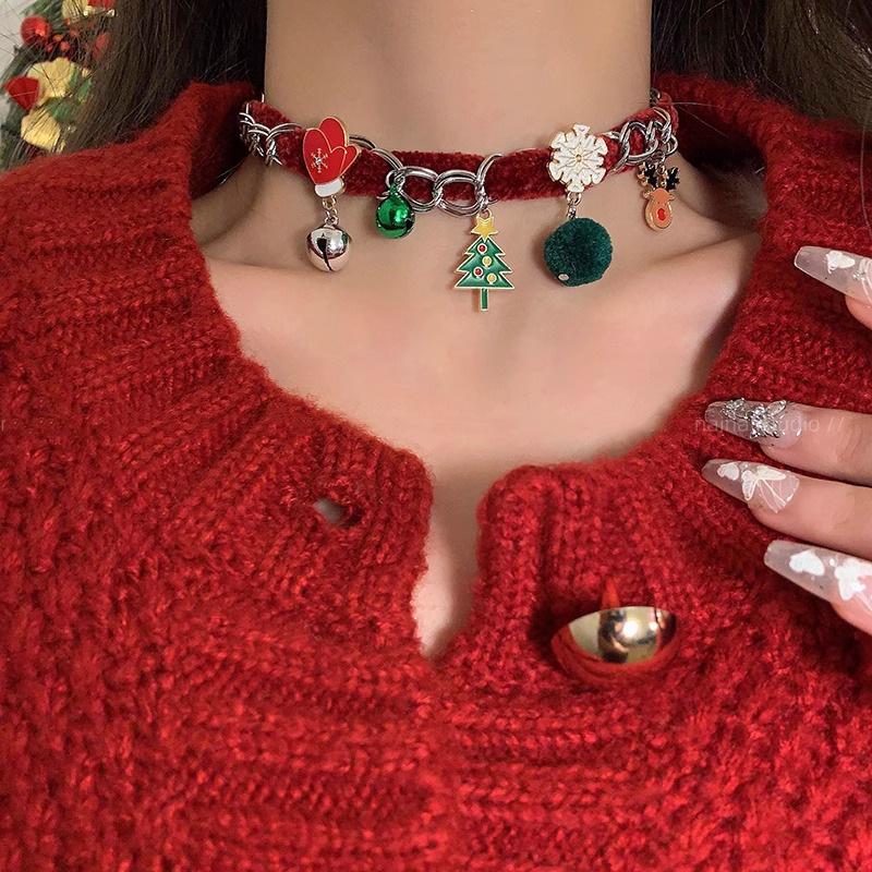 Red Plush Christmas Necklace with Bells, Reindeer, and Snowflakes - Women's Festive Choker