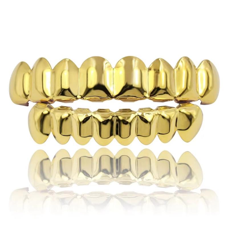 1/2 Pcs Glossy Finish Eco Friendly Copper Top Bottom Teeth Grillz Set Anti Slip Silver Gold Teeth Jewelry Cosplay