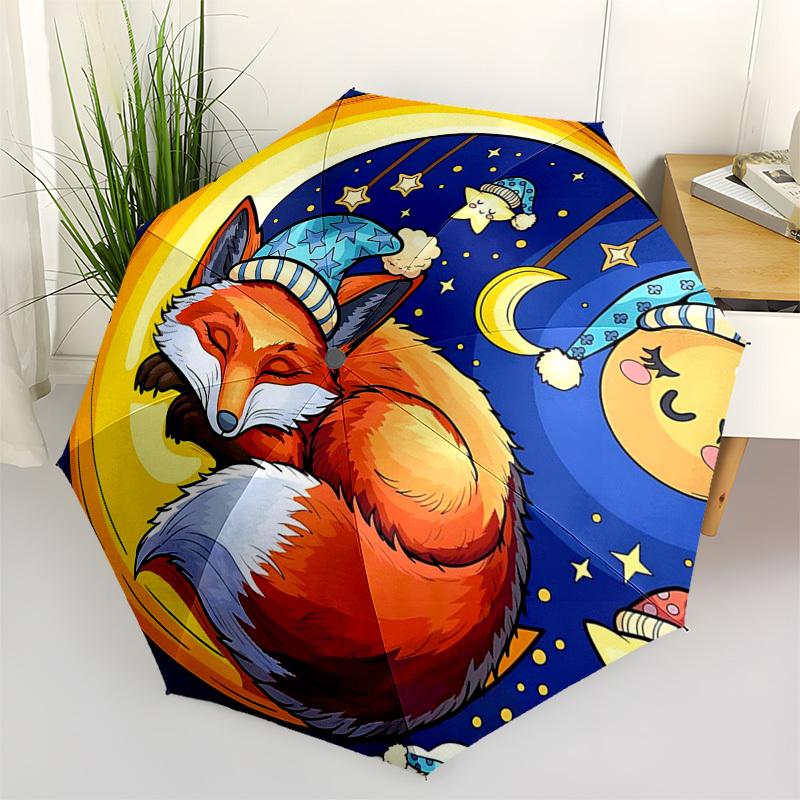 1pc Sleepy Fox Moon & Stars Auto Open Close Umbrella - Portable 3-Fold Design with 8-Bone Iron Frame - Outdoor - Perfect Gift for Fans, Travelers, Dai