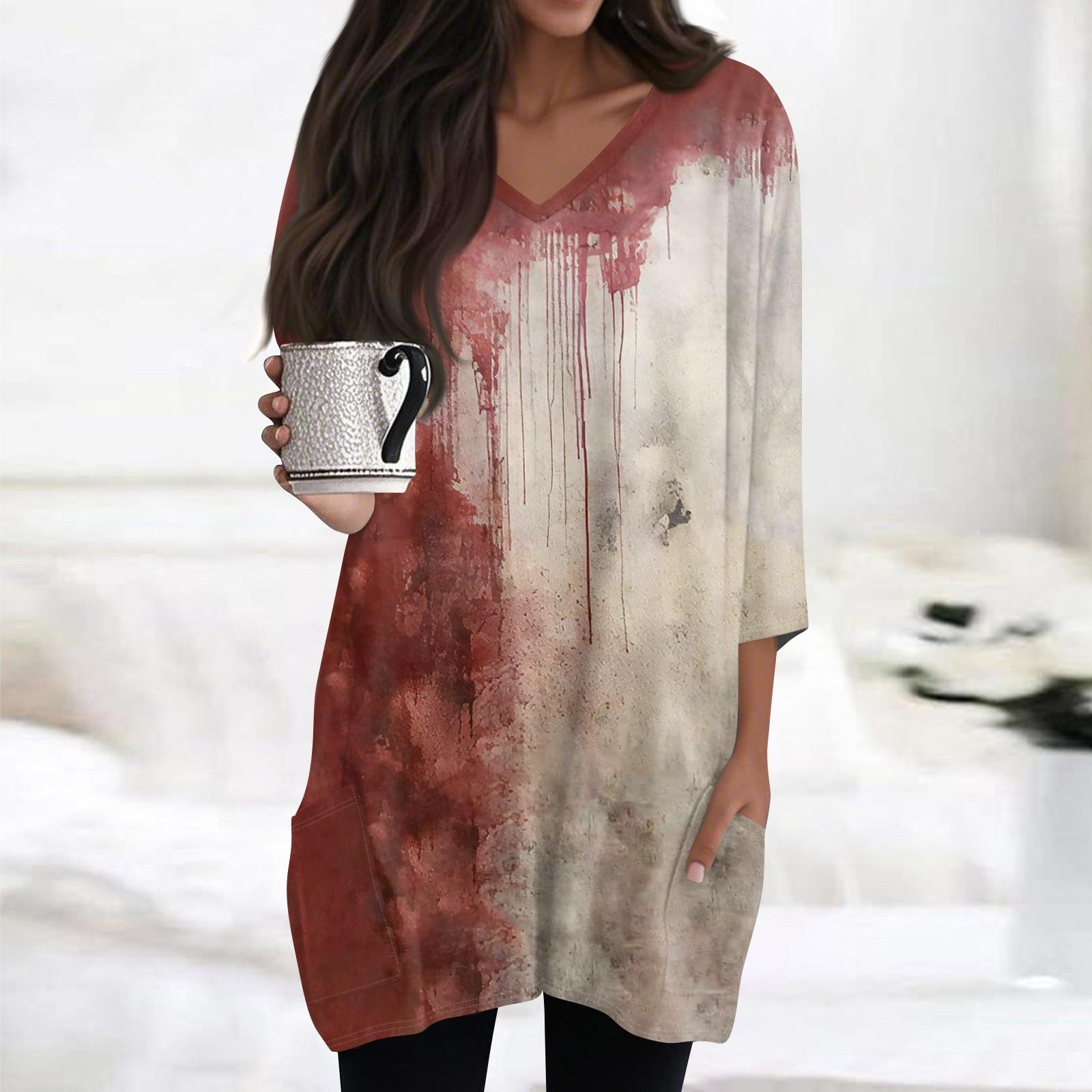 

Женская модная повседневная футболка с принтом на Хэллоуин, V-образным вырезом, средней длины, с карманом, рукавом 3/4 XL