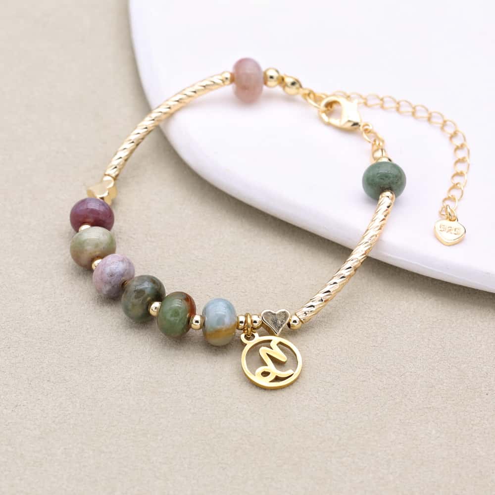 Women Constellation Zodiac Charm Strand Bracelet Natural Stone Indian Jasper Beads Gold Plated Fashion Jewelry Gifts